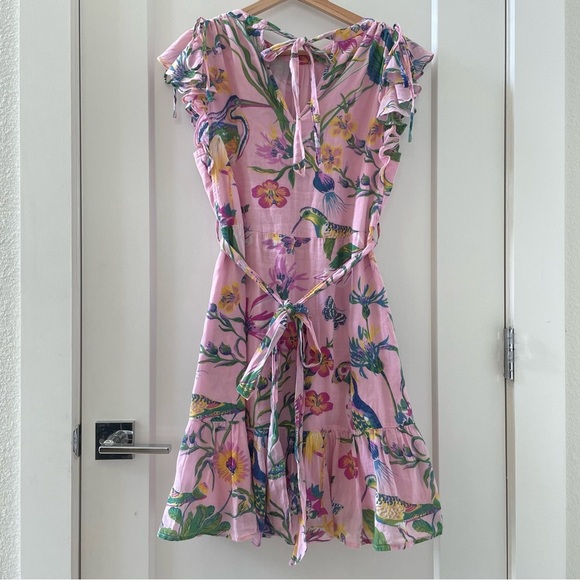 BANJANAN WOMEN'S LILIAN DRESS PINK FLORAL BIRDS BUTTERFLIES RUFFLED DRESS SZ XS - Picture 5 of 10